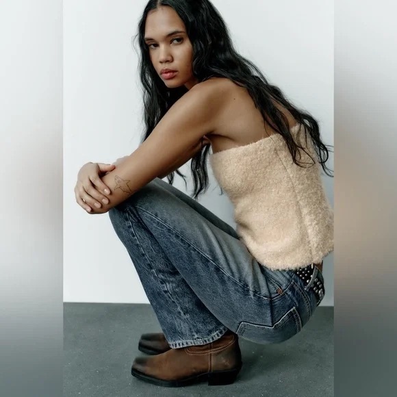 Zara Textured Teddy Corset Style Structured Strapless Top in Beige Size Medium - Picture 3 of 8